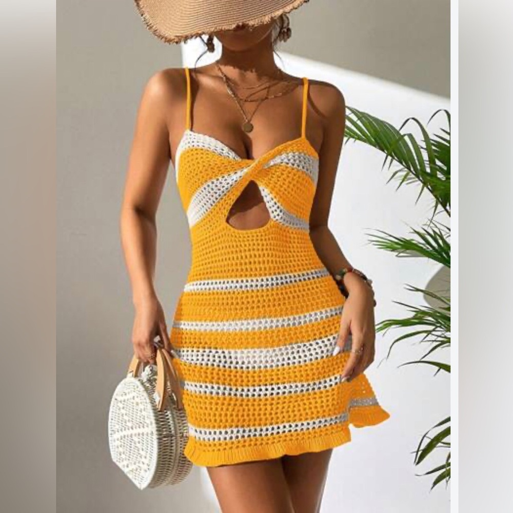 Yellow Striped Crochet Cutout Mini Dress Cover up
